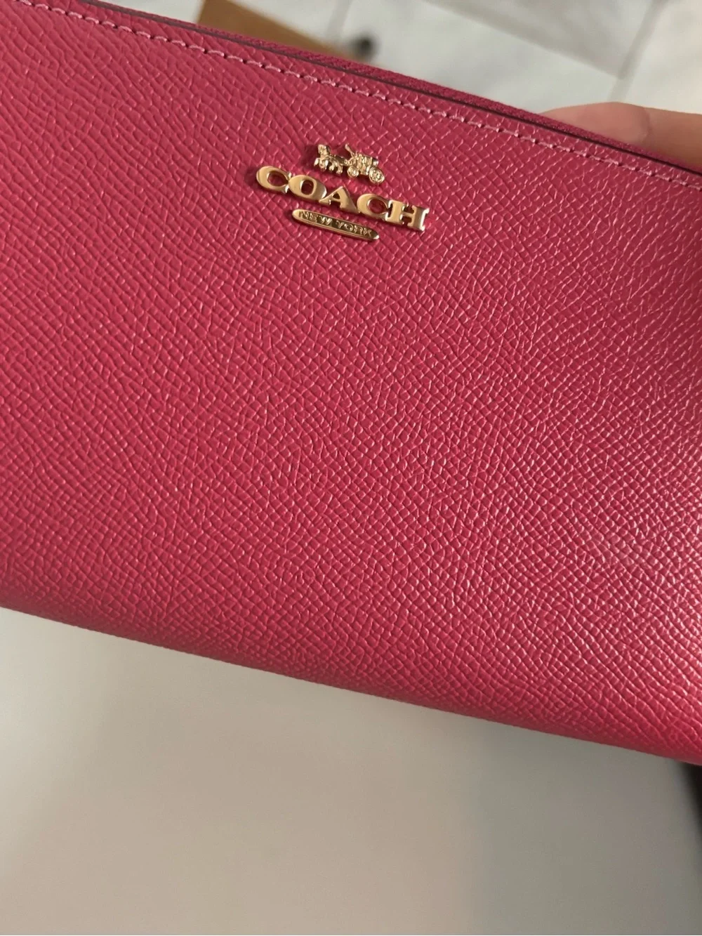 COACH Hot Pink Saffiano Leather Zip Wallet with Gold Logo